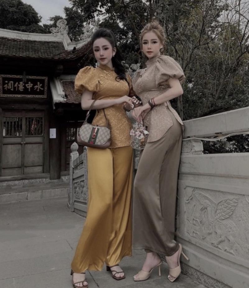 Product Introduction of Đồ lam đi chùa tay phồng- Bộ đi lễ chùa đẹp vải lụa gấm nổi dày mềm mịn đủ size 2