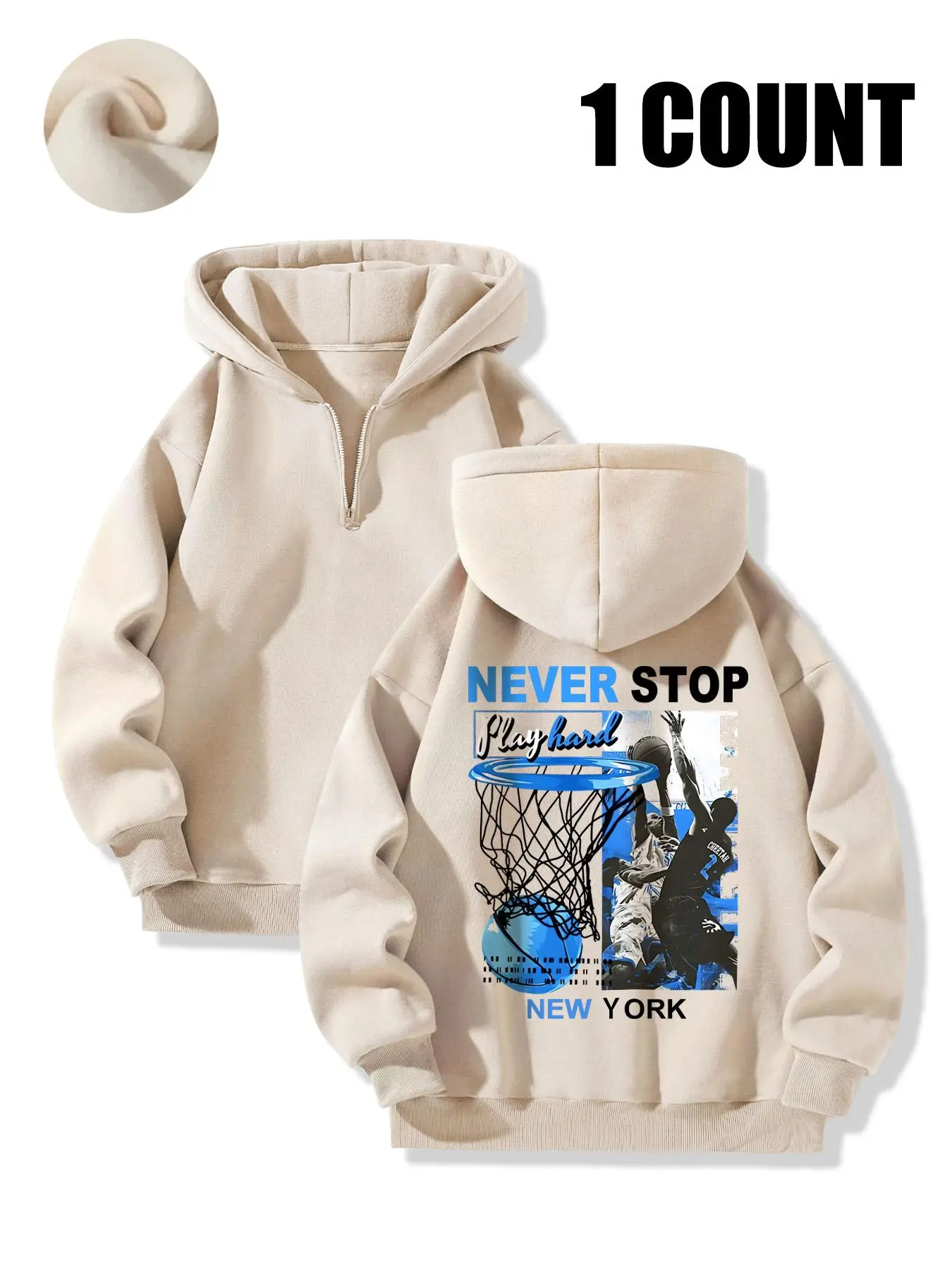 Men's Letter & Basketball Graphic Print Half  Zip Up Fuzzy Hoodie, Regular Fit Casual Long Sleeve Thermal Lined Hooded Sweatshirt for Winter, Men's Top for Daily Wear