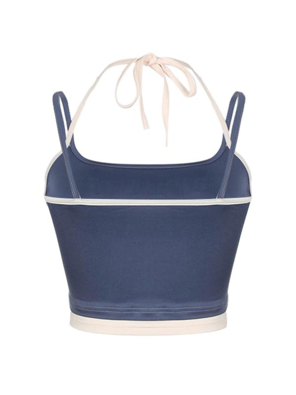 Women's 2 in 1 Colorblock Halter Neck Tie Back Crop Top, Summer Clothes, Casual Backless Spaghetti Strap Top for Spring, Women's Clothes for Daily Wear 1