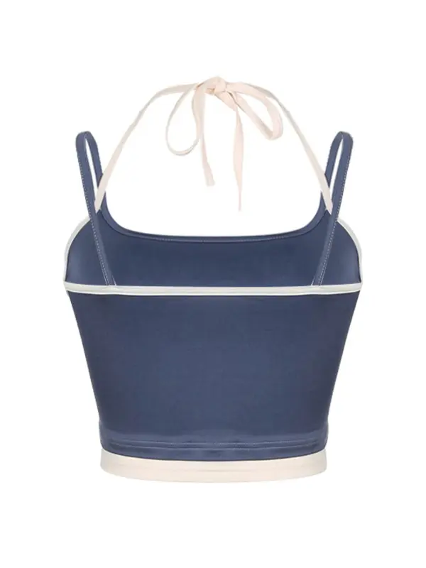 Women's 2 in 1 Colorblock Halter Neck Tie Back Crop Top, Summer Clothes, Casual Backless Spaghetti Strap Top for Spring, Women's Clothes for Daily Wear 1