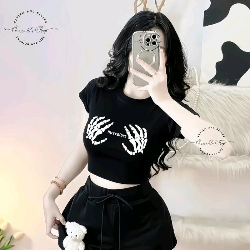 Áo Thun Croptop Dáng Ngắn Form Ôm Body Nữ Tôn Dáng In Hình Baby Xương Bàn Tay There Slore - Miriahu Shop Daily (aocroptop, aoxinh, aothun, donuxinh, áoxinhcógu, Áo Thun Ôm Tôn Dáng)