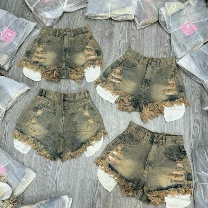 Quần shorts jean đùi nữ 2 màu Xanh Bụi rach kiểu 3 đường lộ túi vải lưng cao thời trang denim Women nữ_Sz SML 4