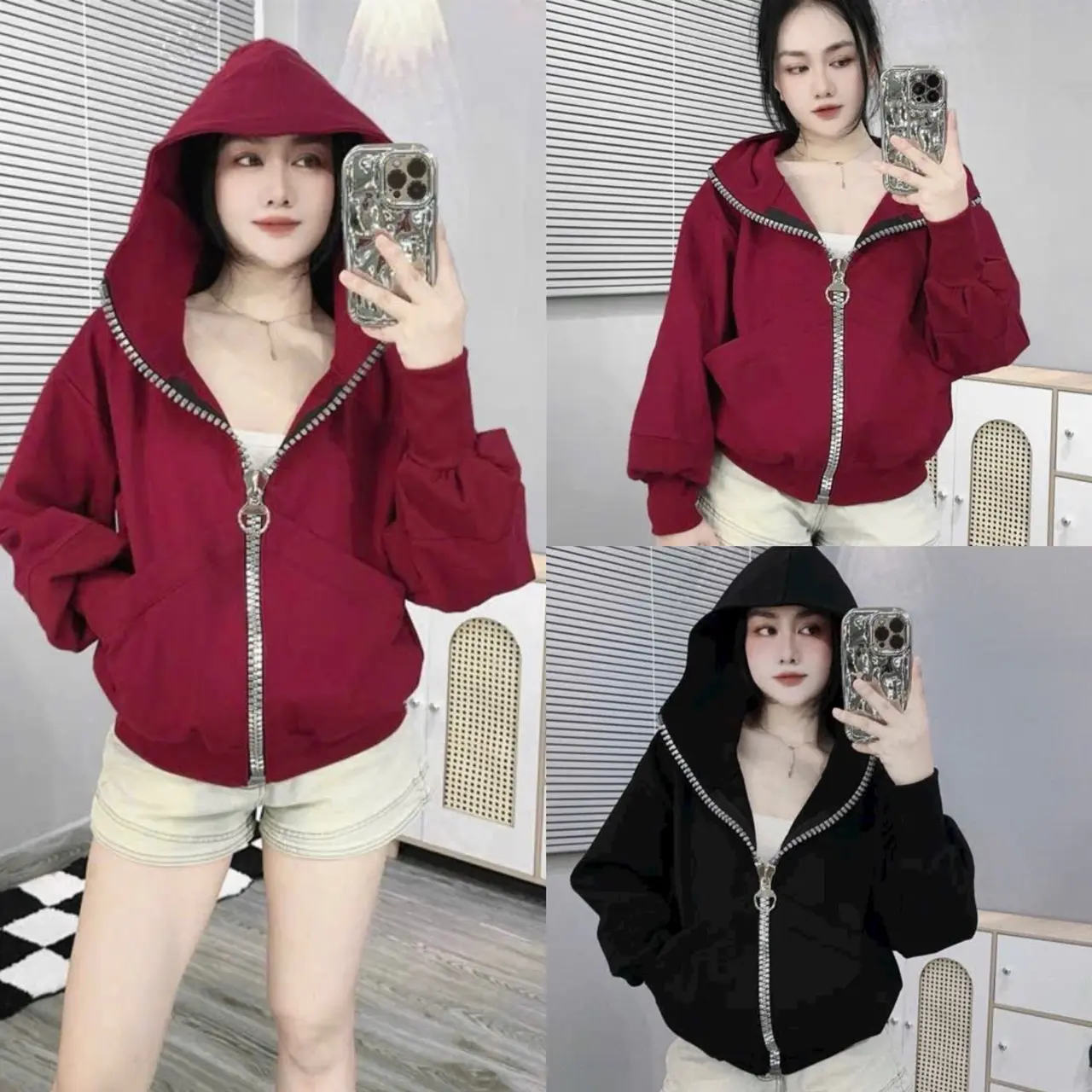 ÁO KHOÁC NỈ NGẮN PHỐI DÂY KÉO TO ĐÙNG TAY ÁO TO PHONG CÁCH MỚI MẼ THỜI TRANG NỔI BẬT