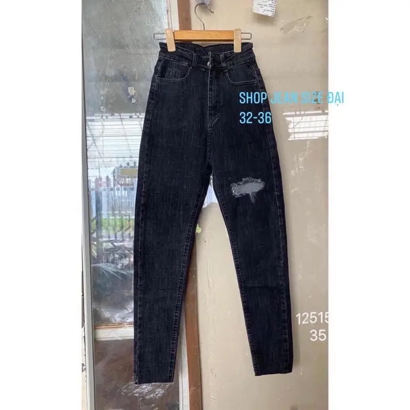 [Size 60kg->95kg] Quần Dài Jean Đen Muối Tiêu Trơn/ Rách 1 Đùi Lai Tua - Co Giãn Mạnh - Lưng Siêu Cao, Nữ Denim Tua Rua Pants 0