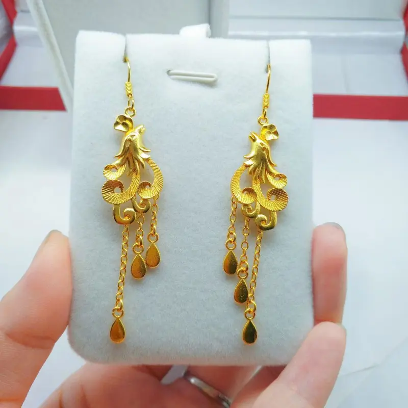 Hoa Tai Mạ Vàng, Thật, Cao Cấp, Móc Tai Phượng Hoàng Đám Cưới, Sợi Tai Tua Rua Dài,  Trang Sức Tai Đám Cưới, Có Thể Giặt Được, Màu Sắc Lâu Trôi 1