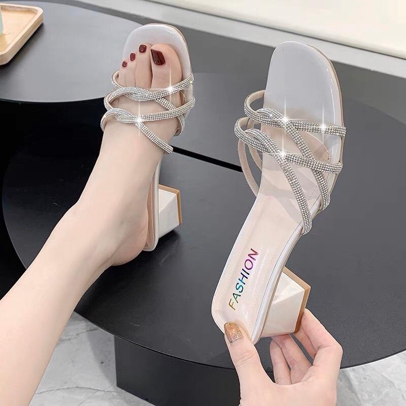 Dép cao gót dây đá sáng lung linh đi được nhiều dịp gót vuông cao 3p5p7p H77 DéP Sandal Nữ