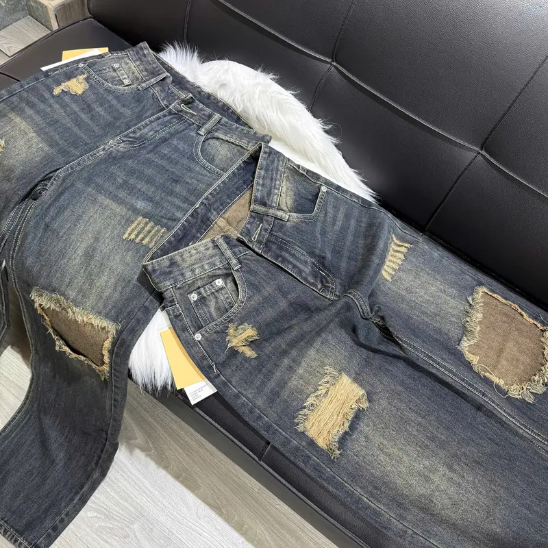 [N823-NaNa Denim Fashion] Quần Jean suông phối rách màu bụi dơ chất vải QCCC dài 103cm 5