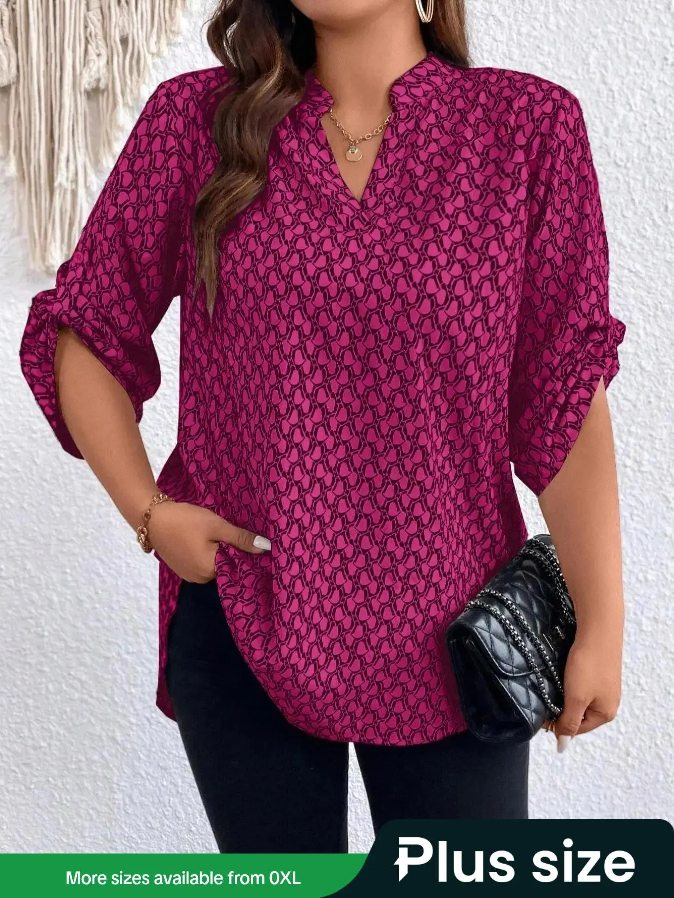 【Plus Size】 All Over Print V Neck Blouse, Casual Short Sleeve Top for Summer, Women's Clothes for Daily Wear