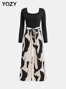 YOZY Patchwork Print Belted Wide Leg Jumpsuit/ Elegant Long Sleeve Square Neck Ribbed Jumpsuit, 2024 Women's Spring & Autumn Outfits for Daily Wear