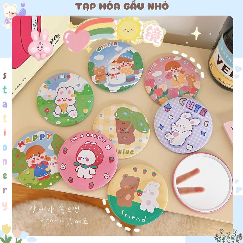 Gương mini cầm tay họa tiết gấu thỏ dễ thương, gương tròn nhỏ trang điểm hoạt hình [taphoagaunho]