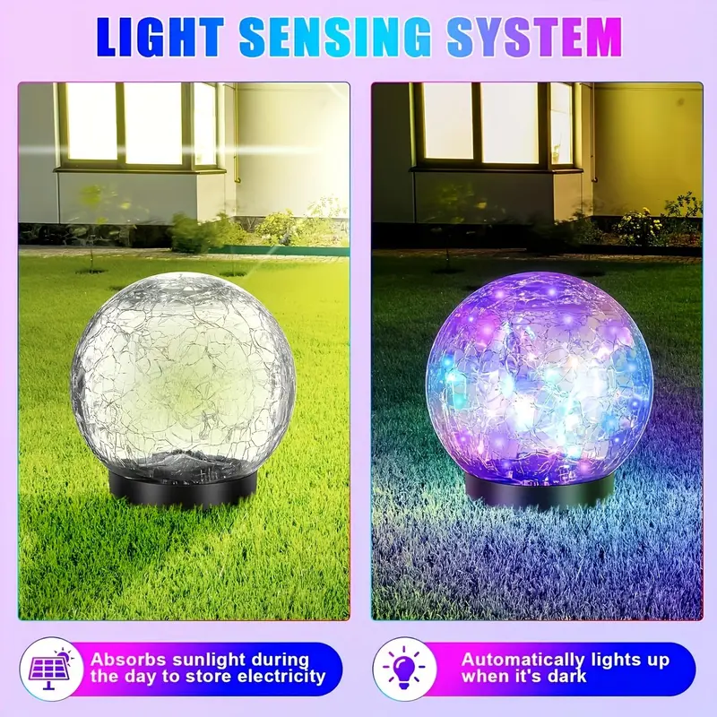 Solar Powered Ball Shaped Light, Outdoor Cracked Glass Ball Light, Lawn & Backyard Decoration Light, Outdoor Garden Light for Garden Patio Yard Lawn Decor 7