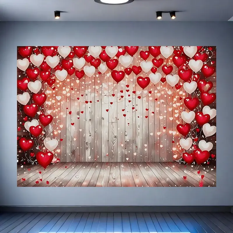 Heart Shaped Balloon Pattern Background Banner, 1 Count Wooden Board Background Banner, Photo Background, Birthday Background, Anniversary 5