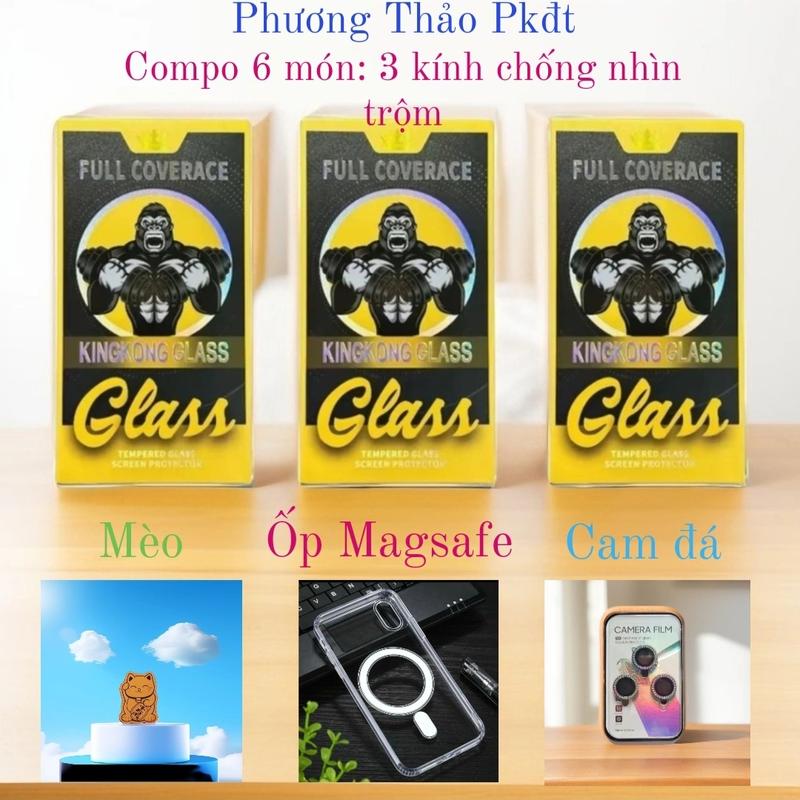 [Compo 6 món: 3 kính chống nhìn trộm + ốp Magsafe + Mắt cam đính đá + Mèo thần tài] Kính cường lực KingKong chống nhìn trộm có khung viền tự dán, có màng bảo vệ loa dùng cho I.p.h.o.n.e 11 đến 15Promax.