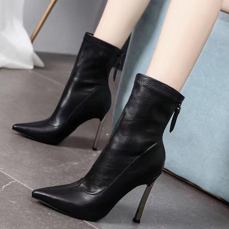 G1086- giày bốt cổ lửng mũi nhọn gót nhọn 10cm lót lông ôm chân MÃ 259 Nữ Boot