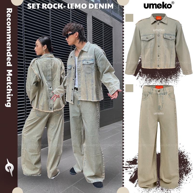 UMEKO Set Denim ROCK LEMO Unisex Gồm Áo Jacket Denim Rách Phối Khuy Mặt Sau Form Boxy Màu Ghi Vàng Quần Jeans Form Suông Ống Rộng Cùng Tone Menswear