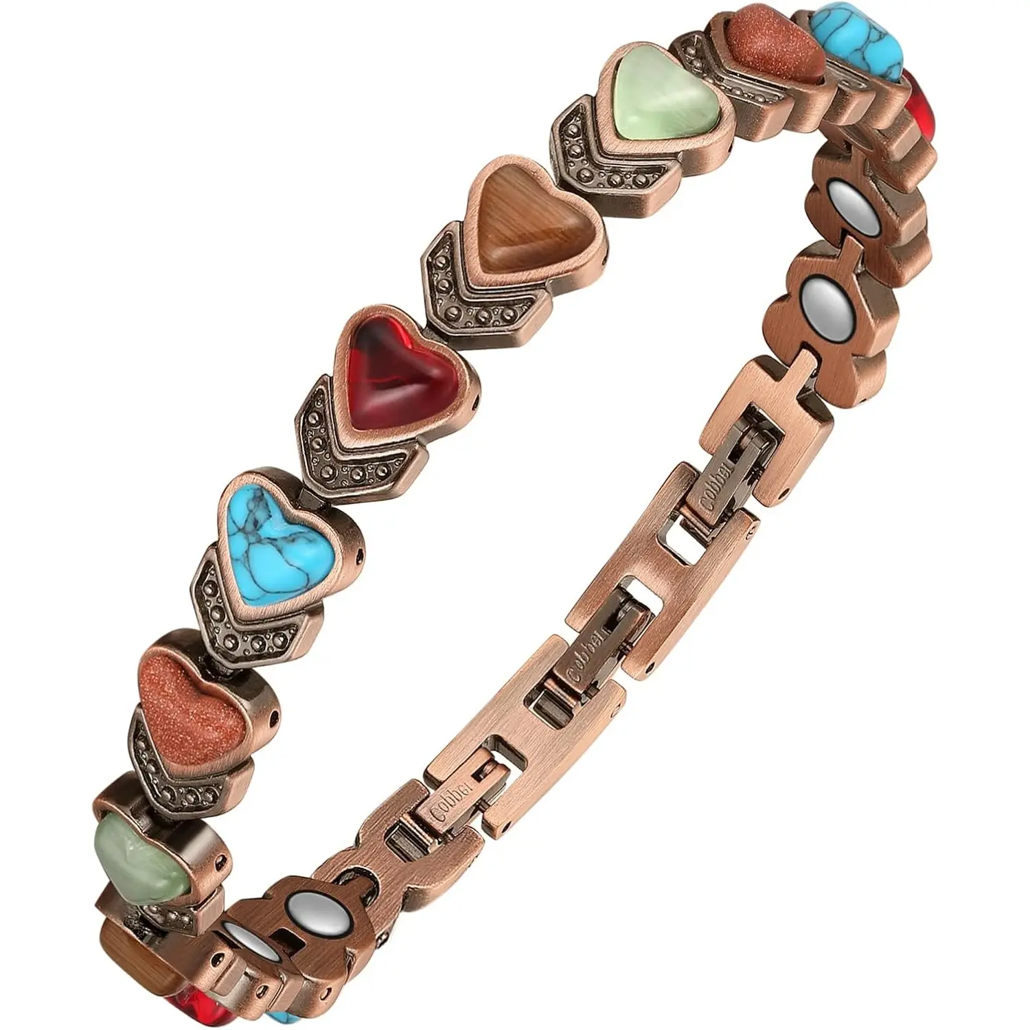 Jeracol Copper Magnetic Bracelets for Women,Copper Bracelet with Heart Shape Stone,Adjustable Length with Sizing Tool in Gift Box(Colorful), withAdjustment Tool, and Jewelry Gift Box Included, for GiftFashion Accessories,