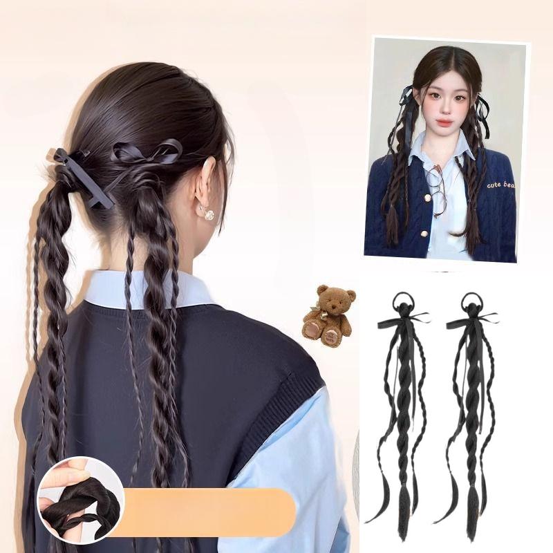 Tóc Giả Bện Xoắn Ruy Băng Gấu, Bộ 2 Chiếc, Tóc Giả Đuôi Ngựa Cô Gái Ngầu Ngọt Ngào Tóc Giả Mô Phỏng Tự Nhiên, Phong Cách Học Viện Và Múa Ba Lê, Thích Hợp Cho Tóc Đuôi Ngựa