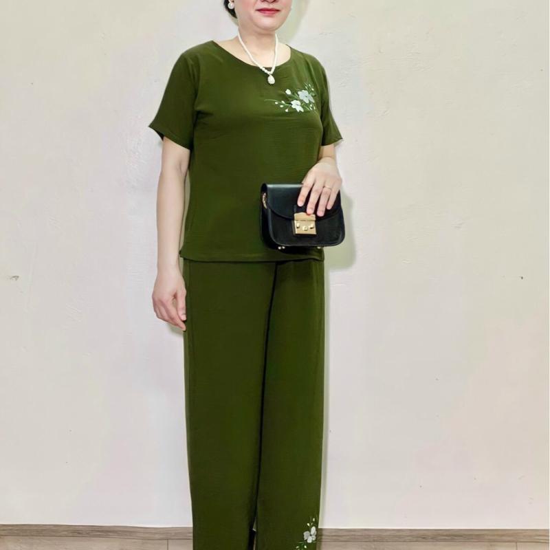 Đồ Bộ Trung Niên, Bộ Tay Cộc Áo thêu Hoa Mai Quần Dài thêu hoa Nữ Women 3