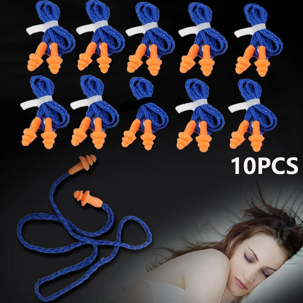 10PCS Waterproof Protect Hearing Anti-Noise Reusable With Corded Soft Silicone Earmuff Earplugs