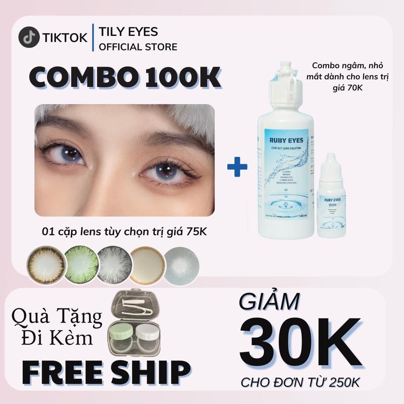   COMBO 100K  1 CẶP Kính Áp Tròng Màu Tự Chọn 0 Độ + Combo Nước Ngâm Và Nhỏ Mắt Lens 