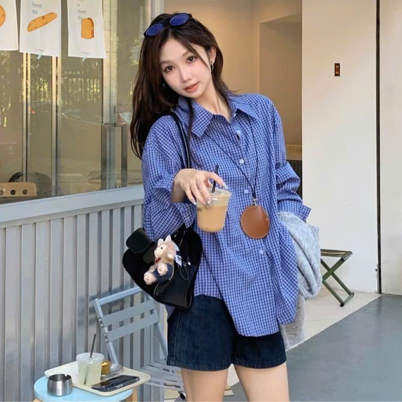 (OLDSCHOOL) Áo sơ mi nữ FORM TO CHẤT KATE THÔ kẻ caro xanh đậm nhỏ A404