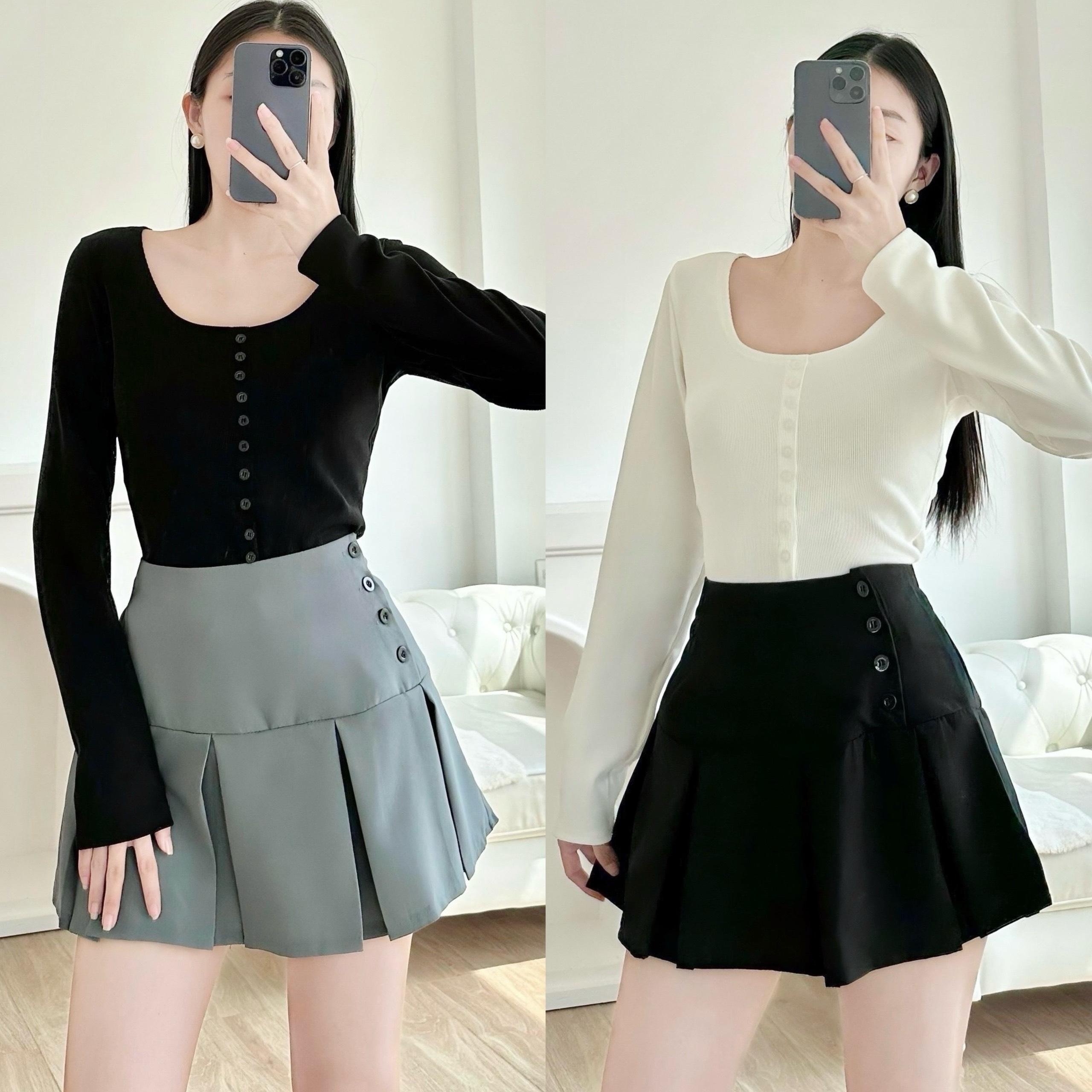 Thời Trang Bigsize Chân Váy Có Lót Trong Xếp Ly Vải Fo 50 - 100Kg Nữ Đen Cotton Women - B.1280