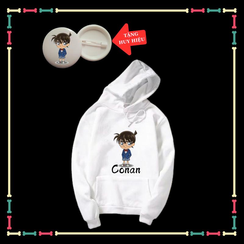 Áo Khoác Hoodie in hình Conan thám tử lừng danh dài tay thu đông trẻ em, màu trắng, vải nỉ có mũ-Kèm huy hiệu 4