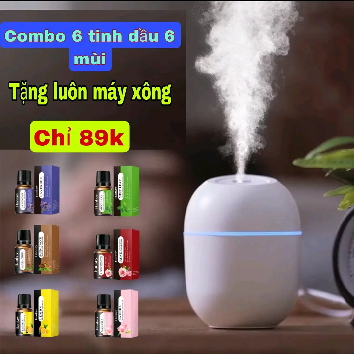 Combo 6 tinh dầu xông phòng 6 mùi tặng kèm 1 máy xông mini máy phun sương ,15-20m combo trải nghiệm giá chỉ 89k