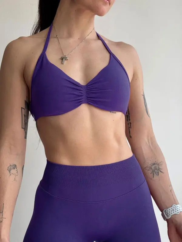 Women's Solid Color Ruched Design Halter Sports Bra, Casual Comfy Breathable Backless Bra for Yoga Gym Workout, Ladies Sportswear for All Seasons, Workout Clothes Women 7