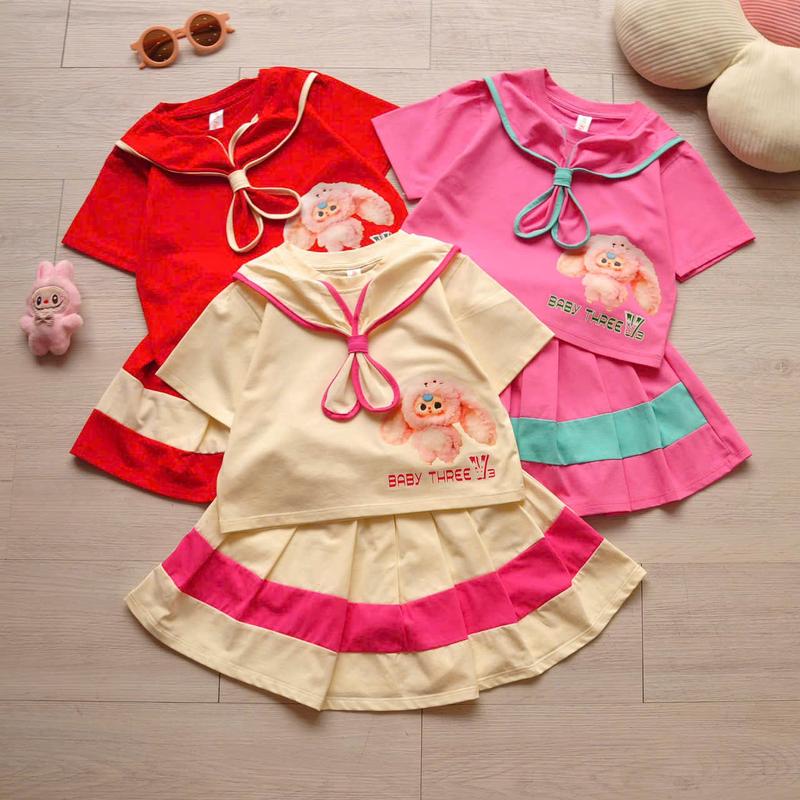 Bộ áo thun Vải Cotton baby three phối chân váy xếp ly siêu xinh cho bé gái F09 - GABO House