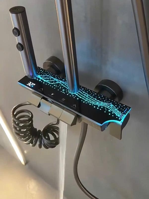 TBALL mã hàng T11 bộ sen cây tắm đứng  mạ titan 4 phím đàn, mặt kính hiển thị nhiệt độ đèn leg ,dùng trong phòng tắm chất liệu bằng nhôm bao gồm : bát sen to , bát sen nhỏ , vòi xả đáy và 1 bộ xịt .