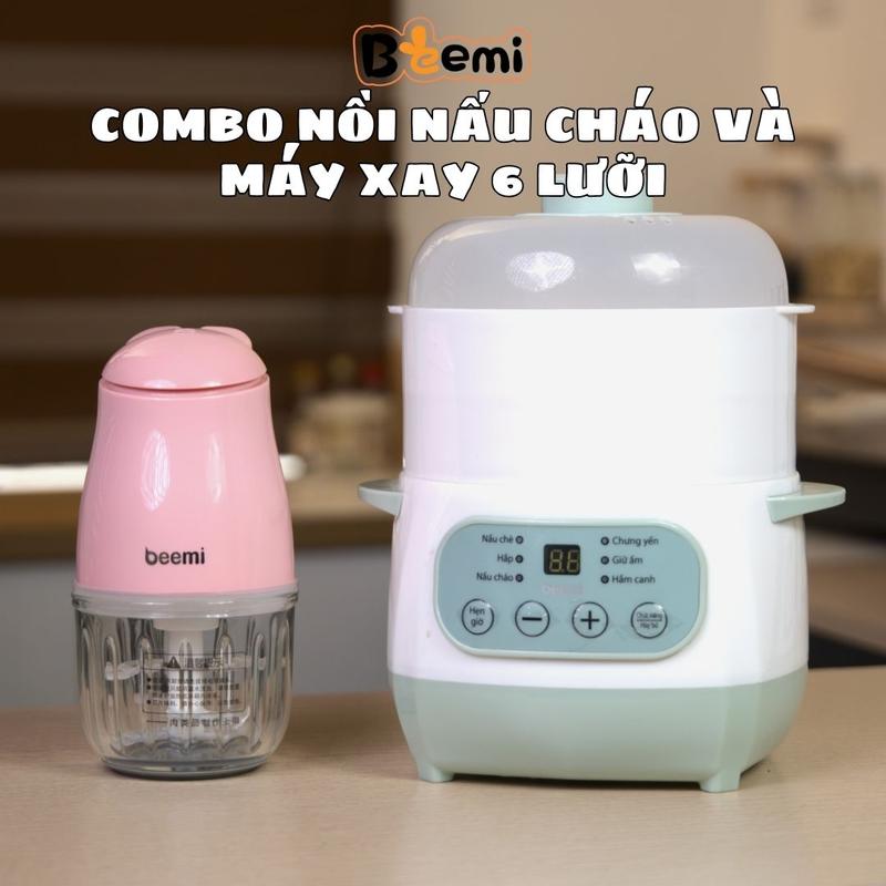 Combo máy xay ăn dặm 6 lưỡi dao, dung tích 300ml và nồi nấu đa năng kèm xửng hấp cho bé Voi