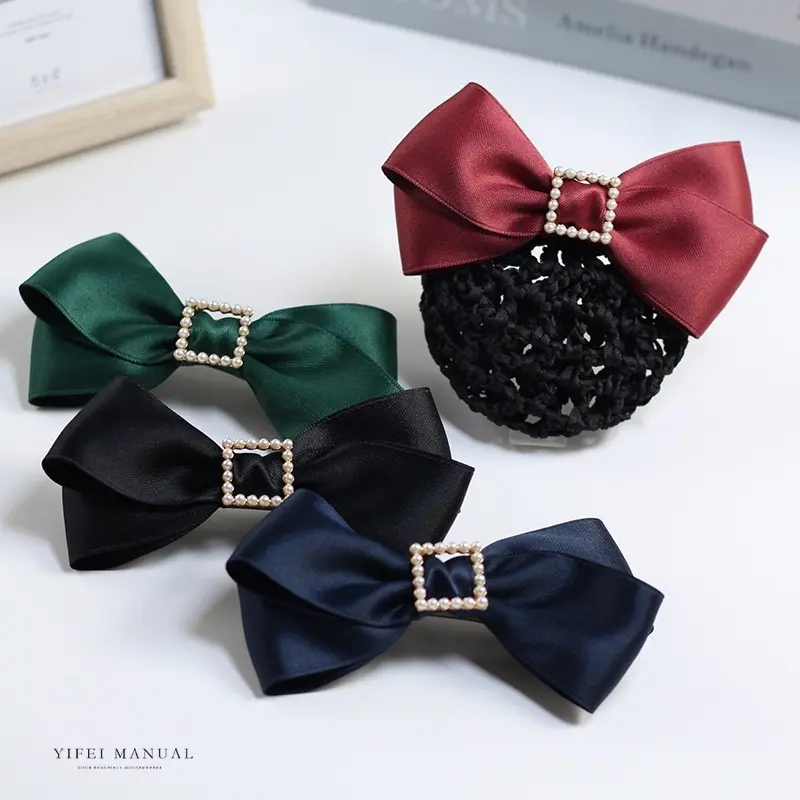 Kẹp búi nơ lụa đính đá vuông