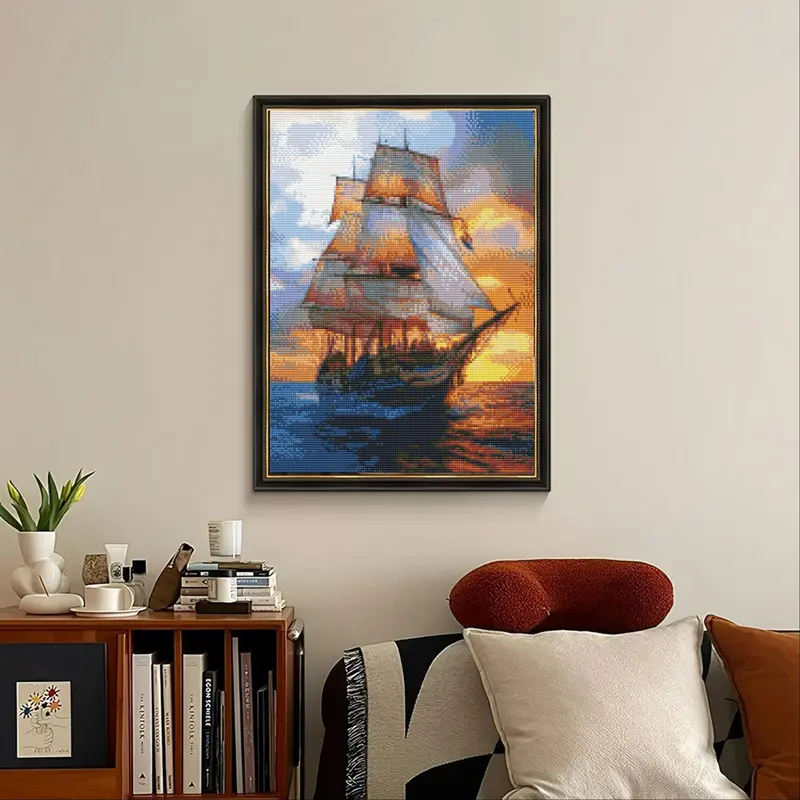 Sailing Ship Pattern DIY Diamond Arts Painting Kit without Frame, DIY 5D Diamond Arts Colorful Painting Kit, Wall Art Decor for Home Living Room Bedroom 2