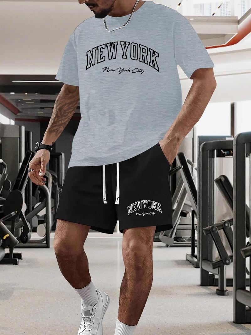 Product Introduction of Men's New York Print Short Sleeve Tee & Shorts Set, Regular Fit Casual Round Neck T-shirt & Track Shorts, Summer Clothes Set for Men 5