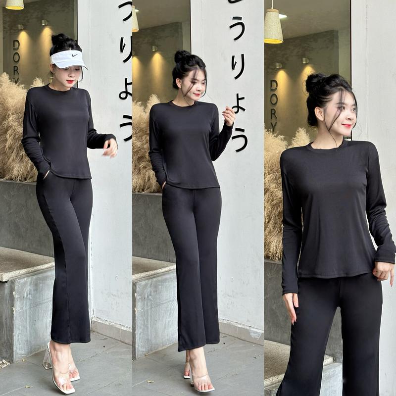 B-02 Bộ ủ kem áo cổ tròn quần ống suông thun tăm lạnh Nhung Nữ