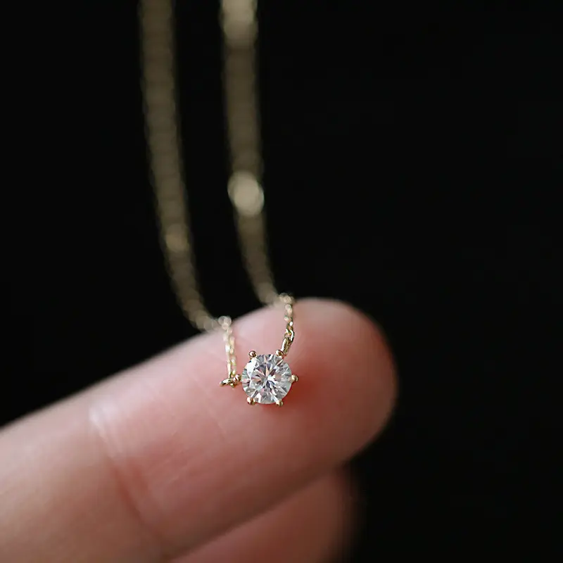 S925 Sterling Silver Solitaire Necklace Six-Claw Female Clavicle Chain Plated 14K Gold All-Match Simple 2023 New Live Hot Sale