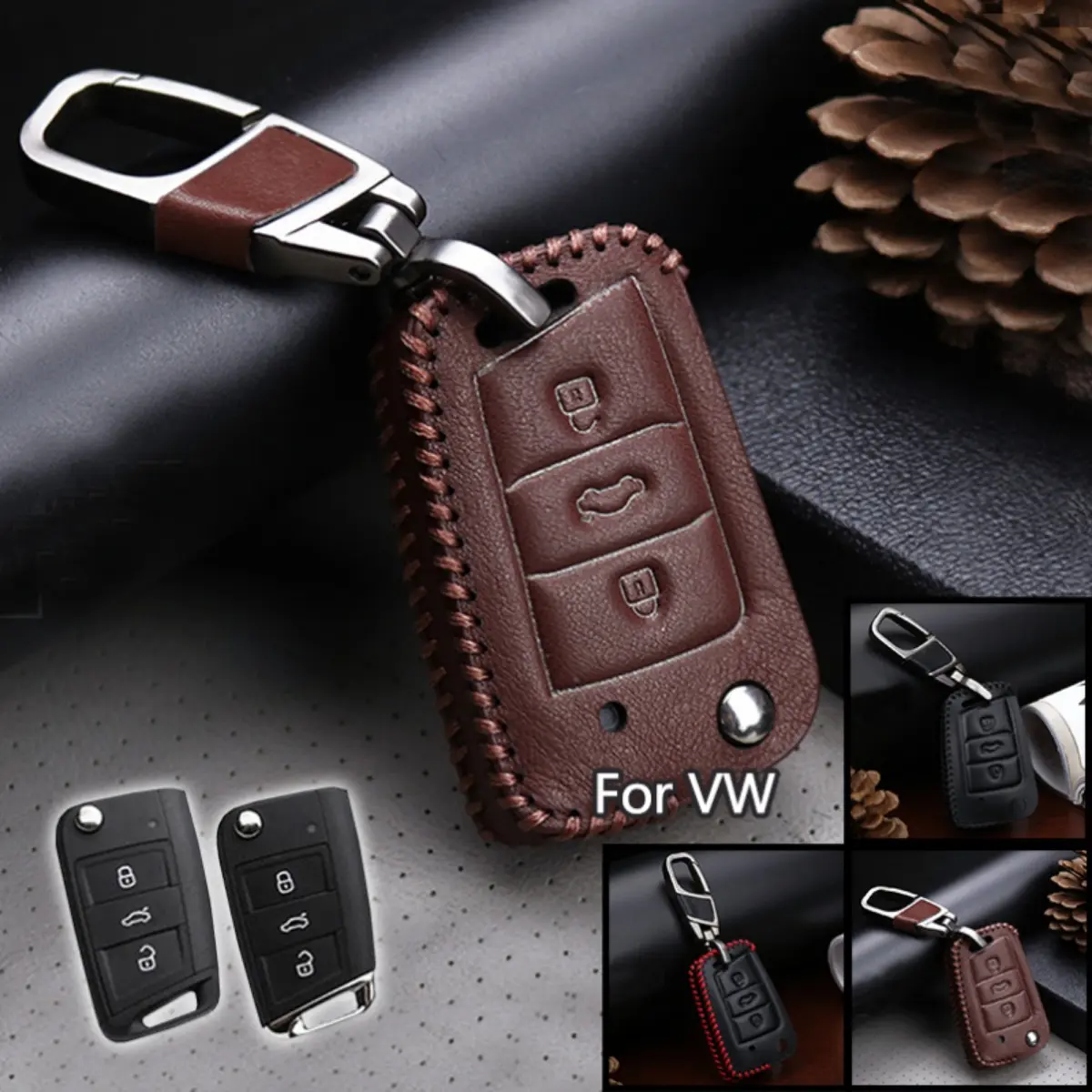 Leather Remote Car Key Fob Case Cover Shell Holder Bag For Volkswagen VW Polo Golf 7 GTI MK7 Tiguan Allspace Passat Jetta