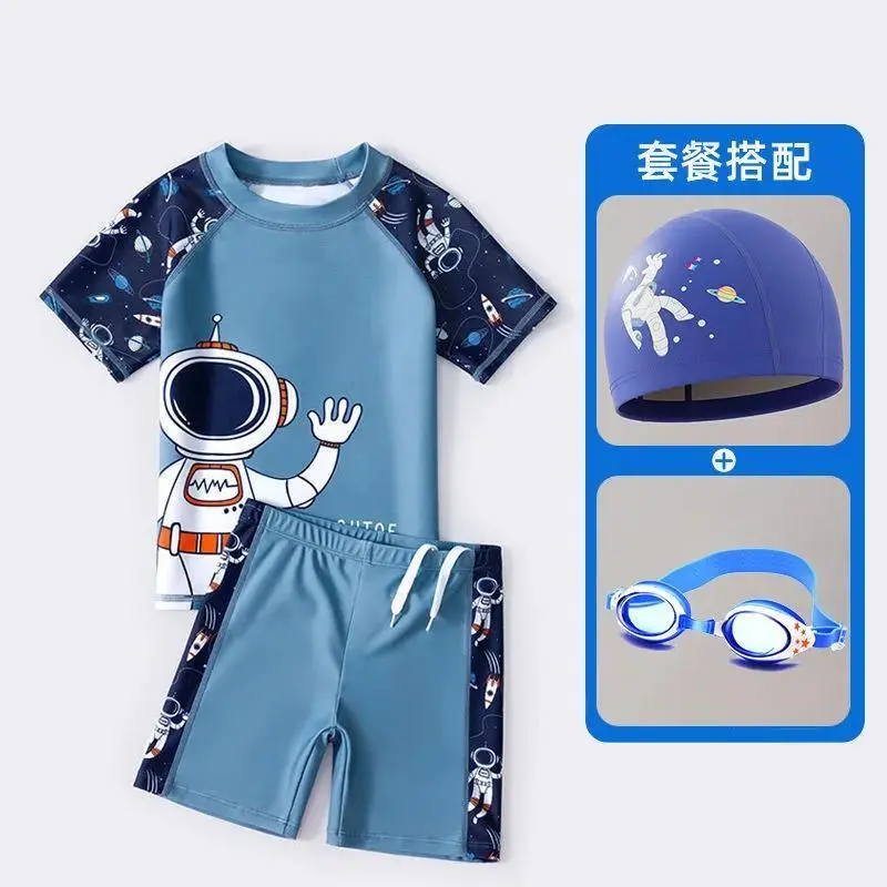 2024 Children's Swimsuit Quick-Drying Swimming Training Hot Spring Suit Professional Five-Point Boys' Short Sleeve Sun Protection Split Suit