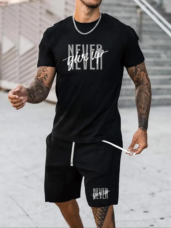 Two-Piece Set Men's Letter Print Tee & Shorts, Regular Fit Round Neck Short Sleeve T-Shirt & Track Shorts, Casual Summer Clothes Set for Outdoor 1