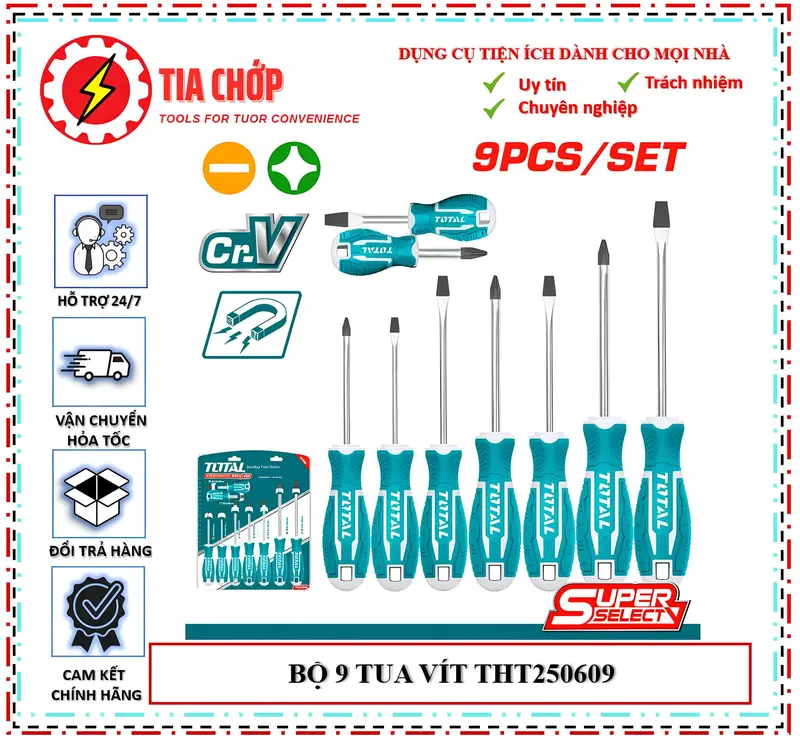 Bộ 9 tua vít dẹp & bake THT250609 CR-V SL6.5*6*38 SL3.0*3*75 SL4.0*4*100 SL5.5*5*100 SL6.5*6*125 PH0*3*75 PH2*6*38 PH1*5*100 PH2*6*125 0