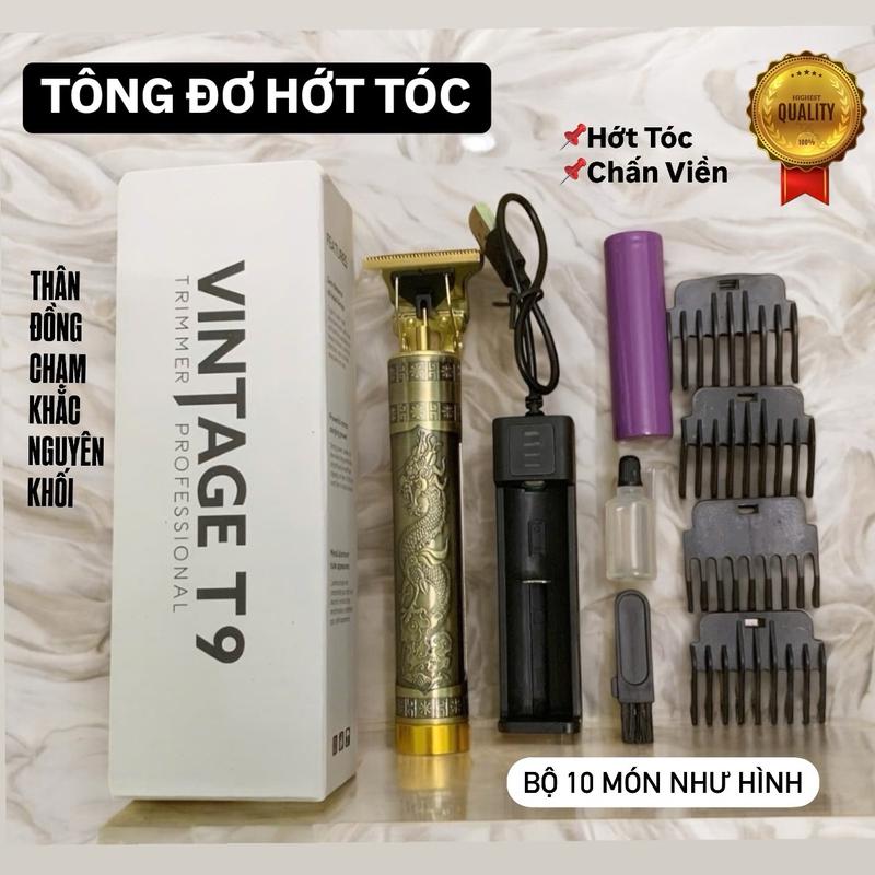[NHẬN SAU TẾT] Tông đơ cắt tóc chấn viền T9 Vintage- Bộ 10 Món Tông Đơ Cắt Tóc Chấn Viền Thân Kim Loại, kèm Pin rời 18650 và sạc Nữ Women Cạo Râu