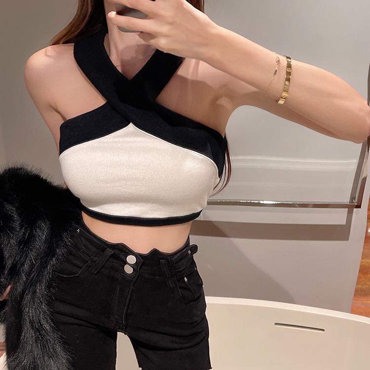 Product Introduction of Contrast color cross knitted vest high waist navel-baring short bottoming inner sling outer wear sleeveless hot girl pure desire top 1
