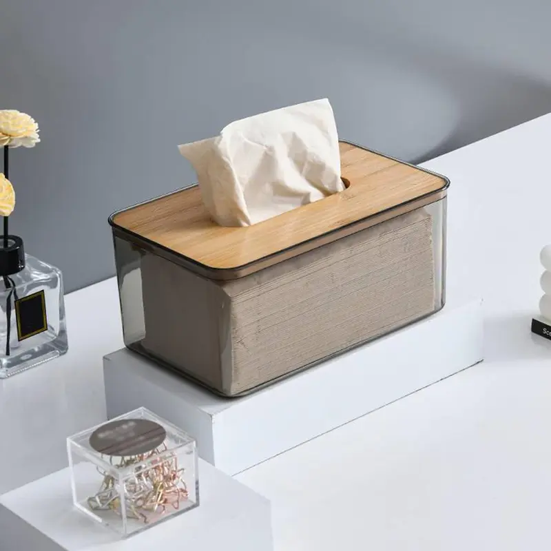 Clear Tissue Box with Wooden Lid, 1 Count Modern Simple Tissue Storage Box, Dustproof Tissue Holder, Home Organizer for Living Room Bedroom Office 4