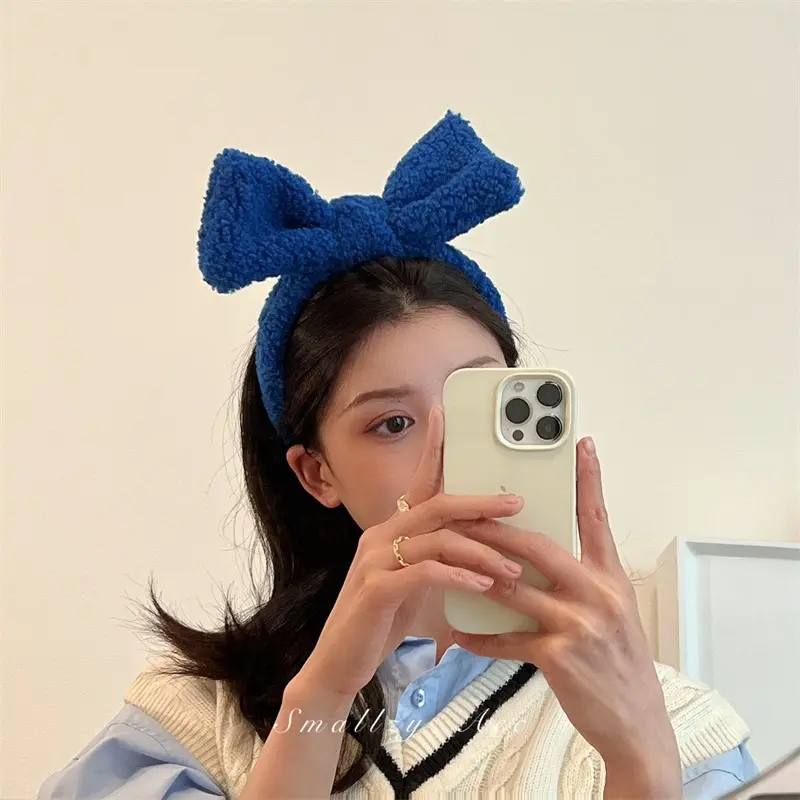 Korean version of the new retro colored lamb hair big bow hair headband hair clip, wash face headband headband hair accessory for women