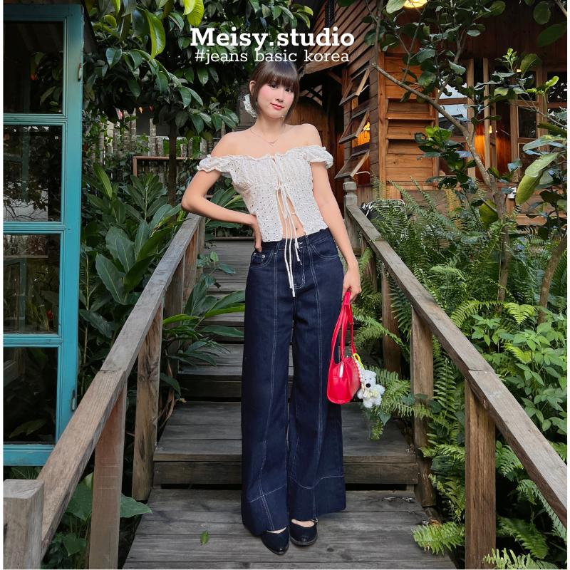 Quần jeans bò ống rộng Meisy vải denim màu xanh đen, gấu 7 phân chất jeans mềm mặc mùa hè mát không co giãn Meisy