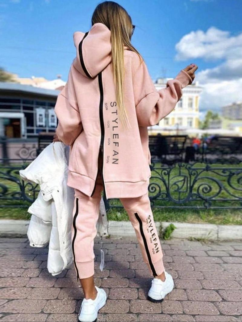 Product Introduction of Women's Letter Print Drop Shoulder Zip Up Hoodie & Pants Two-piece Set, Outfits 2 Piece Set, Casual Fashion Cozy Breathable Two Piece Outfits for Daily Outdoor Wear, Women Clothes for Fall & Winter 1