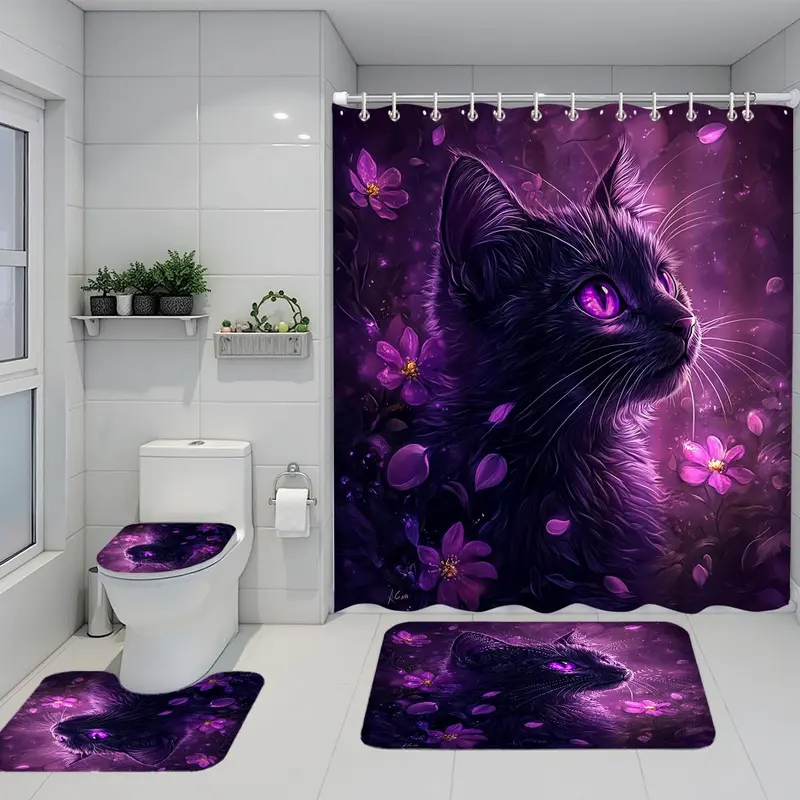 Cat Pattern Bathroom Decor Set, 1 Shower Curtain & 1 Toilet Lid Cover & 1 Rectangular Mat & 1 U-shaped Mat, Bathroom Accessories 2