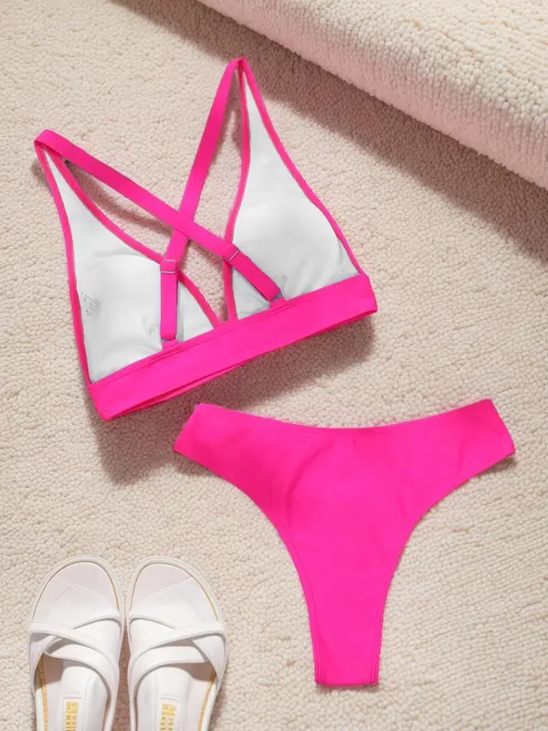 Two-Piece Set Women's Solid Criss Cross Deep V Neck Swimsuit, Casual Swim Top & High Waist Swim Bottom, Summer Beach Swimwear, Bikini Sets 8