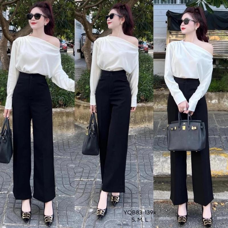 Quần tây ống rộng suông nữ dài 95cm 1 2 nút khuy cúc cài ống Đứng lưng cao Quần dài nữ màu Đen chất dày co giãn nhẹ Ong Pants Women quanongsuong